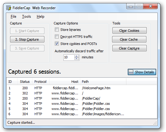 FiddlerCap in Capture Mode